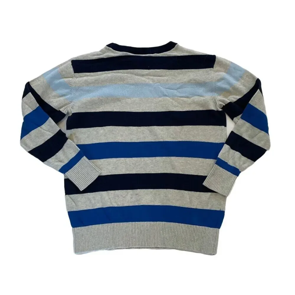 Children's Place Cotton Blue Gray Striped Long Sleeve Crew Neck Sweater, 7/8